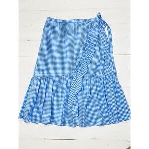 Cupio Gingham Ruffle Wrap Midi Tiered Tie Waisted Blue White Skirt Women's Large